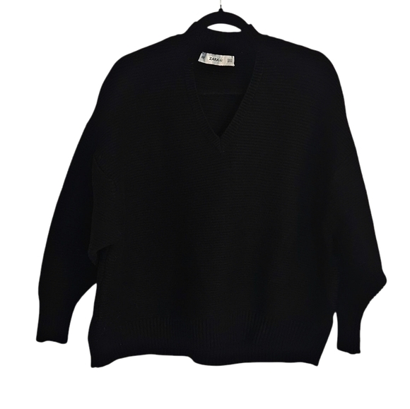 Zara Sweaters - Zara Womens Black Knit Long Sleeve V-neck Ribbed Oversized Sweater size Medium